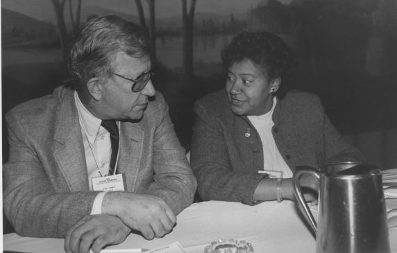 (30374) AFT President Albert Shanker talking to Loretta Johnson (30374) AFT President Albert Shanker talking to Loretta Johnson