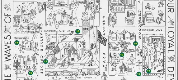 Wayne University Illustrated Map, 1939 (detail)